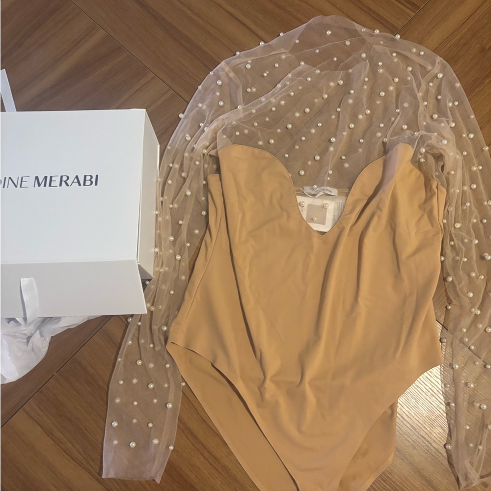 NADINE MERABI Beige Bodysuit with Pearl Sheer Sleeves